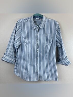 Riders by Lee Women 1X Button Blue Stripe 3/4 Sleeve Slimming Cowgirl Western